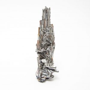 Brooch, 2020, paper, paint, silver, wood, graphite, stainless steel 185 x 55 x 28mm
