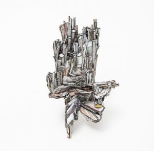Brooch, 2020, paper, paint, silver, wood, graphite, stainless steel 115 x 69 x30mm
