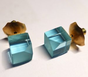 Cubes, Earrings, 2016. Glass, gold